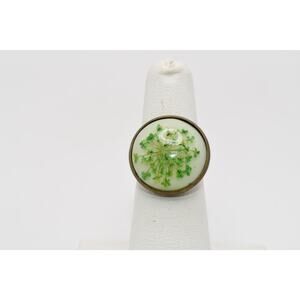 Vintage Real Clover Resin Ring Adjustable Brass Botanical Ring
